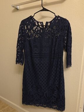 Just...Taylor Navy Lace Long Sleeve Sheath Dress